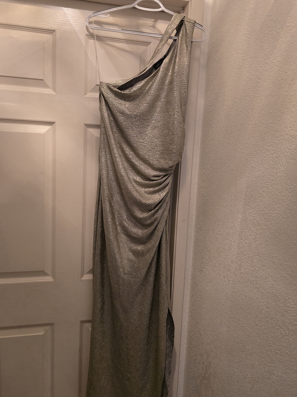 One-Shoulder Metallic Silver Evening Dress